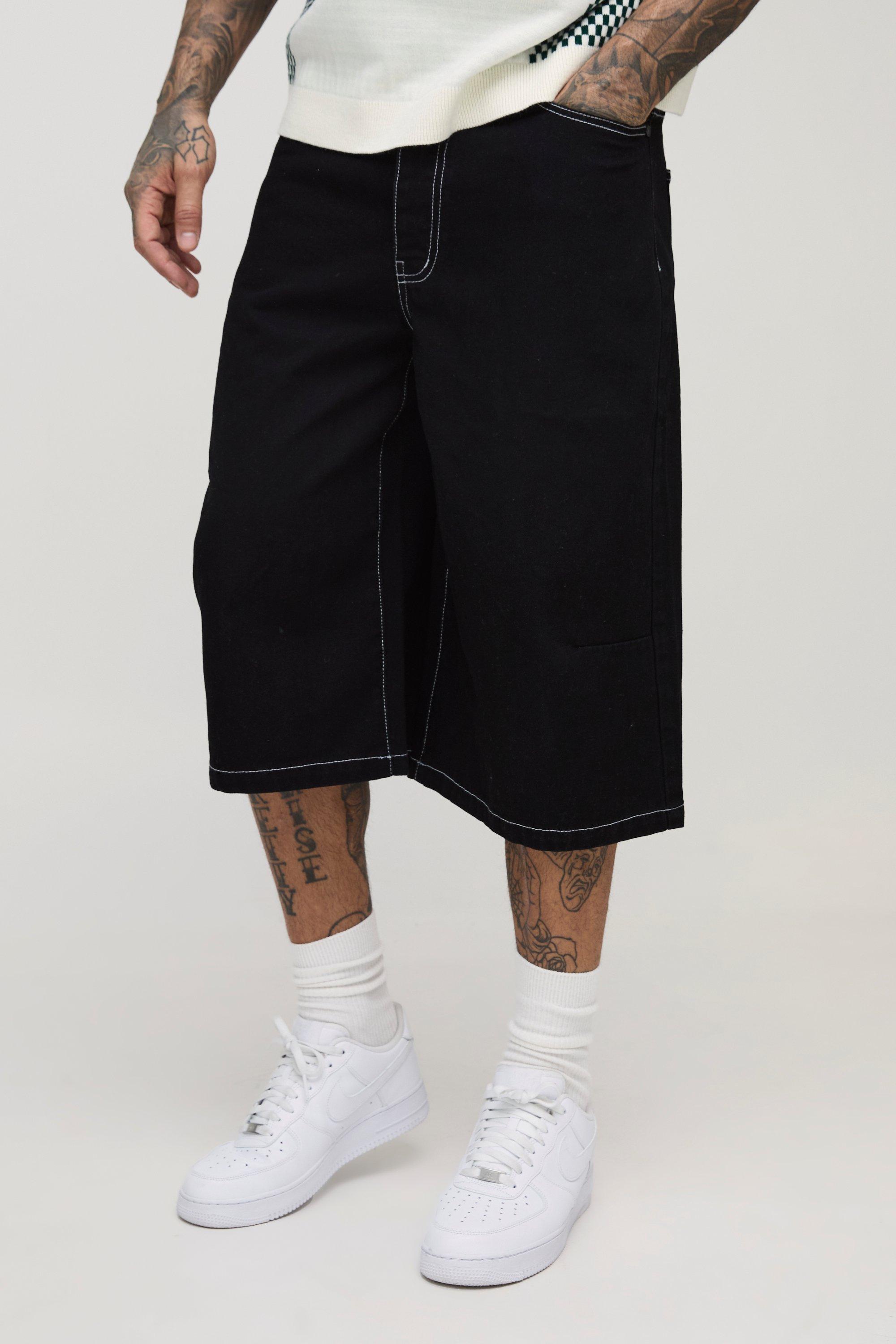 Mens Black Tall Contrast Stitch Jorts, Black